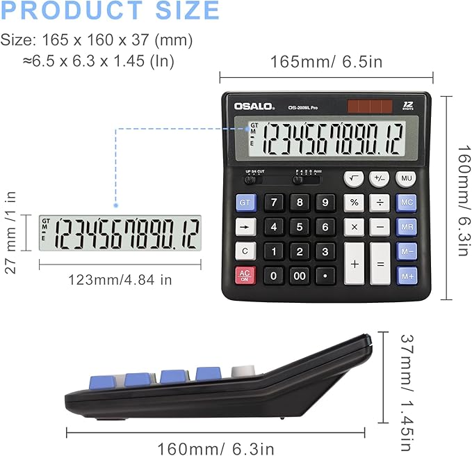OSALO Desktop Calculator Extra Large Display 12 Digits Big Buttons Solar Accounting Calculator for Office Black (OS-200ML)