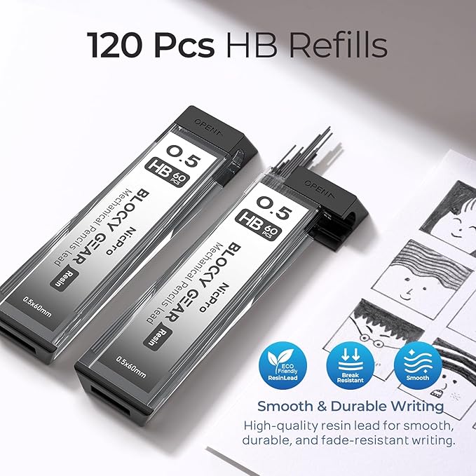 Nicpro Blocky Gear 0.5 mm Mechanical Pencil Set in Case, Metal Pencil with Lead Refills, Eraser for Professional & Adult Art Writing Drafting Drawing