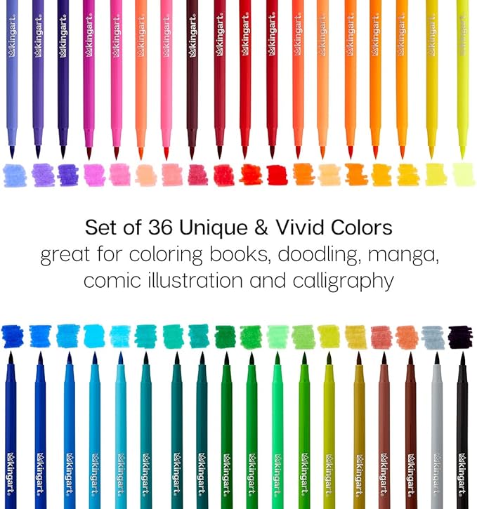 KINGART 36 Watercolor Brush Markers Set: Flexible Tip Pens for Coloring Books, Calligraphy, Doodling, Manga & Painting