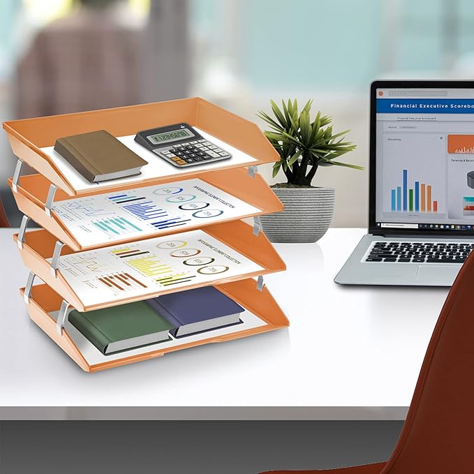 Acrimet Facility 4 Tier Letter Tray, Side Load, Letter Size/A4, Desktop File Organizer, Plastic (Orange Citrus)