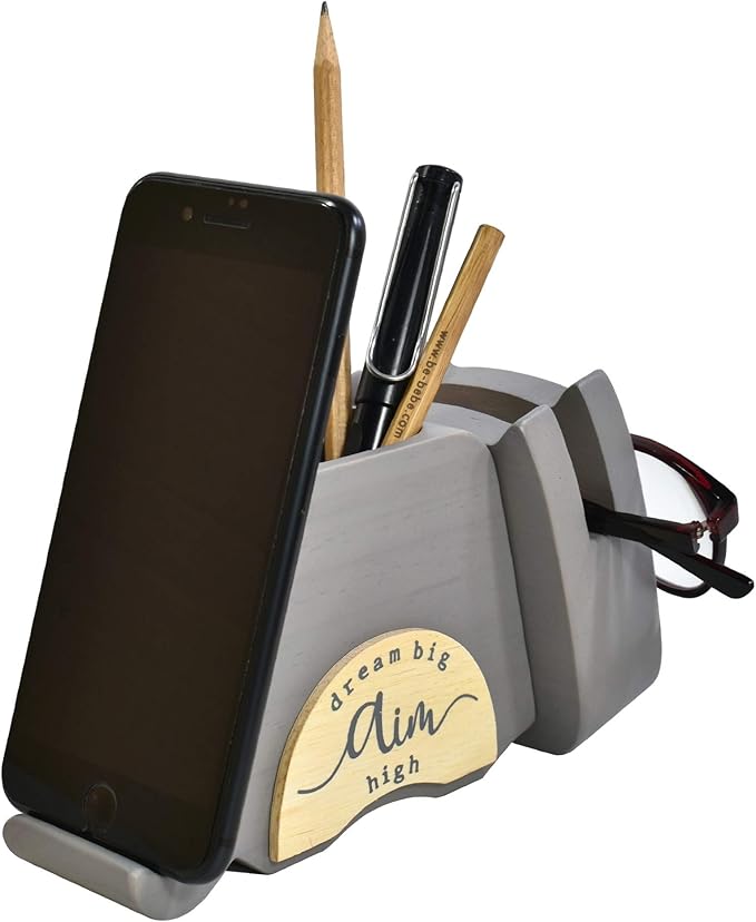 I'm Wood Multipurpose Eyeglass Phone Pen & Pencil Holder Stand Stationery Desk Organizer Accessories, For Home Office Desktop Decor Birthday Graduation Gifts “Dream Big Aim High” (Cat)