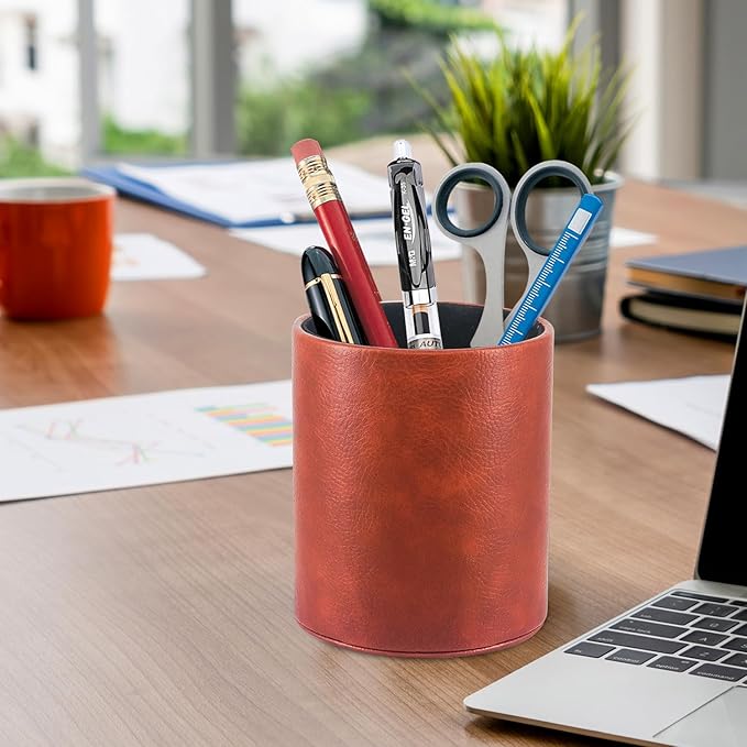 Pen Holder PU Leather Pencil Desk Stand for School/Office/Home (Brown)