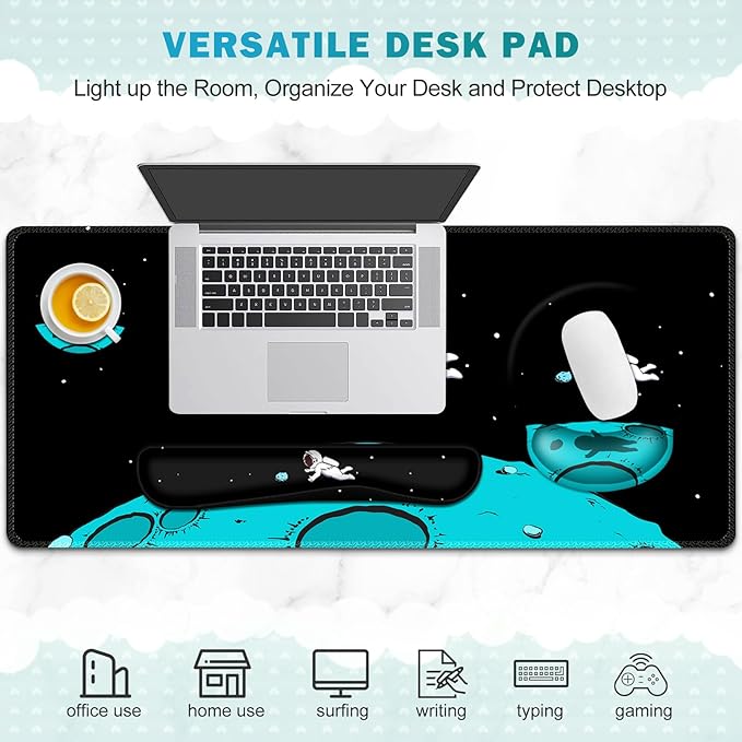 Gaming Mouse Pad, Large Desk Mat, Cute Desk Pad Protector, 4in1 XXL Mousepad + Keyboard Wrist Rest+Mouse Wrist Rest+Coaster Set with Ergonomic Desk Pad for Home Office PC Computer, Cool Space Alien