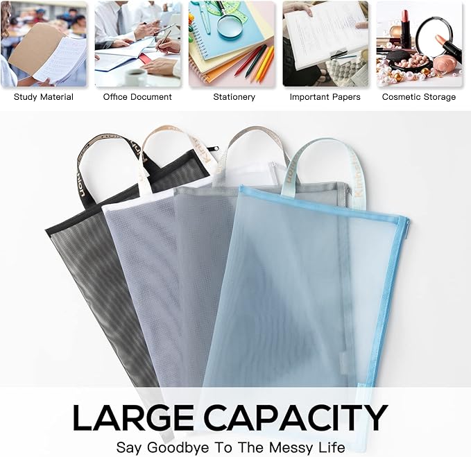 Mesh Zipper Pouch, Lightweight Nylon File Folders, A4 Document Organizer Clearly Visible Mesh Zip Bag, Suitable for School Office Travel Supplies (Single-Layer Mesh)