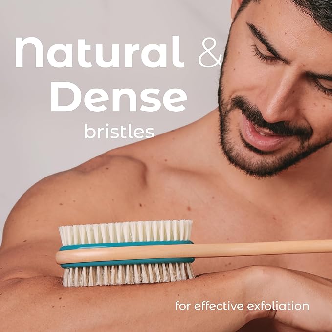 MainBasics Back Scrubber for Shower – Long Handle Dual-Sided Brush for Body Wash & Scrubbing with Exfoliating & Soft Bristles (Teal, Wood)