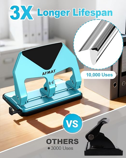 AFMAT HP20 Heavy Duty 3 Hole Punch, 60% Reduced Effort, 50-Sheet 3 Hole Puncher for Binder, 10,000+ Uses, Metal Three Hole Punch for Home Office School, w/Large Chip Tray, Paper Guide