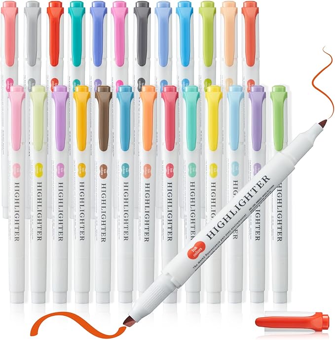 Real Mild Highlighter，25 Highlighters, Pastel Highlighter Assorted Colors Markers Dual Tip Markers Chisel and Fine Tips for Coloring, Underlining, Highlighting