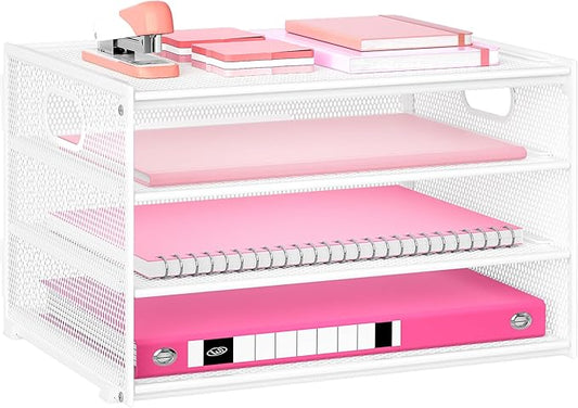 Lavatino 3-Tier Letter Tray Desk Organizer, Mesh Metal Paper File Tray Organizer for Desk, Office Supplies & Home Organization, Fits A4 Paper, Mail, Magazines & Office Accessories (White with Handle)