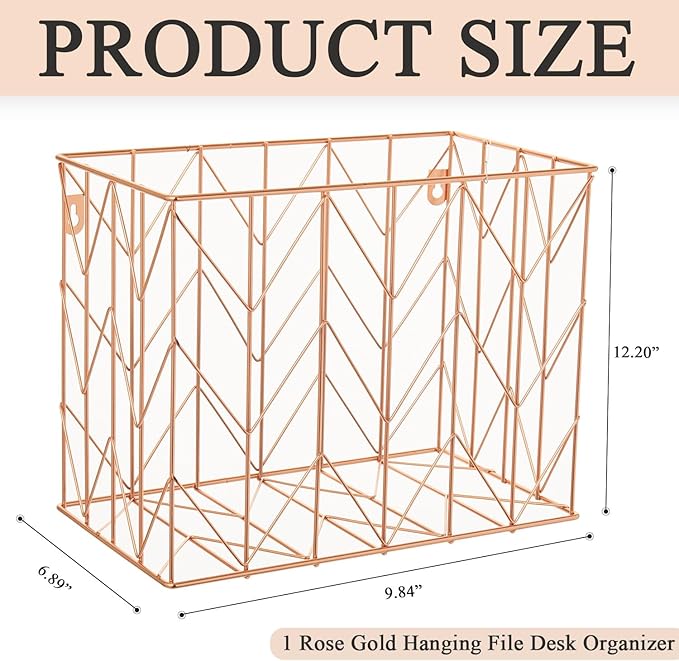 1 Pack Rose Gold Hanging Folder Desk Organizer Decorative Organizer Metal Wire Baskets Suitable for Hanging file folder Design for Home Offices Supplies, 9.4 X 11.8 Inch
