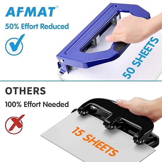 AFMAT HP18 3 Hole Punch, Metal Heavy Duty Paper Punch with 50-Sheet Capacity and Removable Punch Heads for 2 Hole Punch Function, Large Chip Tray, Blue