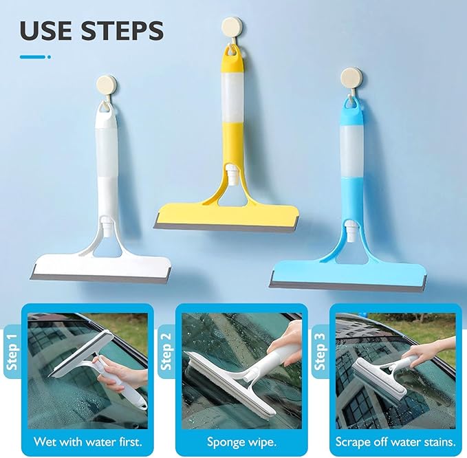3 in 1 Spray Window Squeegee Cleaner Scraper, WindowSqueegee with Brush and Built-in Spray BottleAll-Purpose Shower Glass, Mirrors, Car, Home Window Cleaner Tool (White)