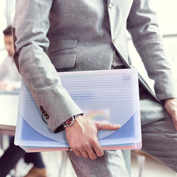 Uquelic Accordion File Organizer, Legal File Folder with 24 Pockets, Expanding File Folder with Color Index& Elastic Strap, A4 Document Folder for Receipt, Bills, Important Documents (Clear)