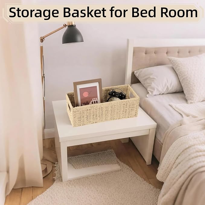 2 Pack Paper Rope Wicker Baskets with Handles, Storage Wicke Baskets for Shelves Organizing, Natural Color Toilet Basket Tank Topper, Small Woven Baskets for Storage, 14.17x6.1x4.72in