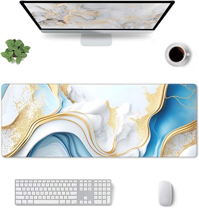 Swirl of Blue Gold Marble Extended Big Mouse Pad Large,XL Gaming Mouse Pad Desk Pad,31.5x11.8inch Long Computer Keyboard Mouse Mat Mousepad with 3mm Non-Slip Base for Home Office Work