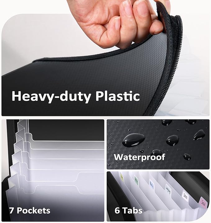 Sooez Accordion File Organizer with Safe Zipper, 7 Pockets Expanding File Folder, Heavy Duty Folder Organizer, Sleek Letter Size Accordion Folder, Portable Expandable File Folder for Documents, Grey