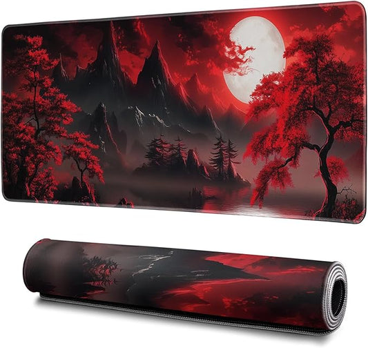 Darkness Red Moon Mouse Pad Abstract Red Mouse Pad 31.5x11.8 Inch Texture Non-Slip Rubber Base Large Mousepad Stitched Edges Keyboard Mouse Mat Desk Pad for Office and Home (Darkness 3)