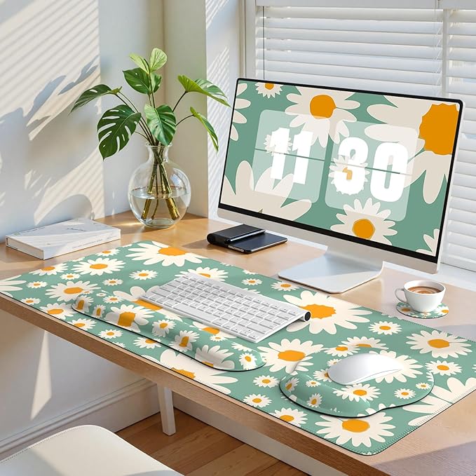 iCasso Desk Cover Mat, 4in1 Floral Large Mouse Pad with Wrist Rest, Desk Matt for Desktop, Anti-Slip XXL Big Computer Ergonomic Mousepad with Wrist Support for Keyboard and Mouse (Daisy)