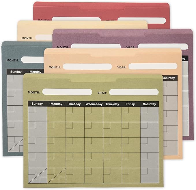 Y YOMA 6 Pack File Folder Jackets Letter Size Paper Pocket File Folder with Reinforced Straight-Cut Tab Pre-Printed Job Folders No Expansion Organizer for Office, Assorted Colors, Calendar Design