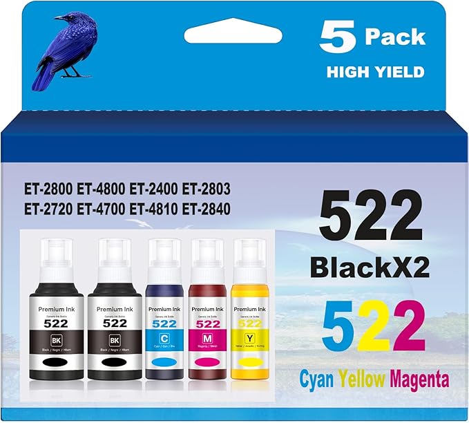 522 Ink Refill Compatible for 522 Ink Refill Bottles Use for ET-2800 ET-4800 ET-2400 ET-2803 ET-2720 ET-4700 ET-4810 ET-2840 Printer 5 Bottles