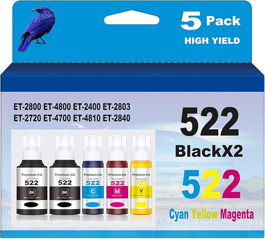 522 Ink Refill Compatible for 522 Ink Refill Bottles Use for ET-2800 ET-4800 ET-2400 ET-2803 ET-2720 ET-4700 ET-4810 ET-2840 Printer 5 Bottles