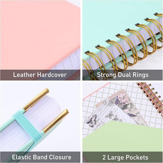 Spiral Notebook, College Ruled Notebook Journal, 7” x 10”, 300 Pages Leather Writing Journal for Women Men, B5 Hardcover Notebook for Work School, 24pcs Index Tabs, Green