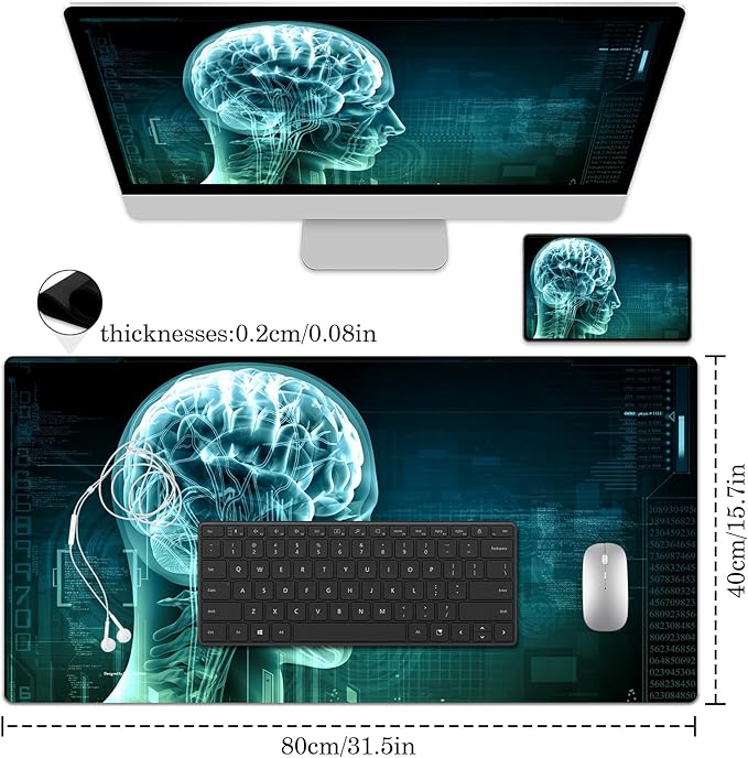 Science Fiction Brain Desk Pad Protector, Stitched Edges Mouse Pad, Large Office Desk Mat, Non-Slip Desk Blotter, Laptop Desk Pad, Desk Writing Pad for Office and Home (31.5" x 15.7 ")