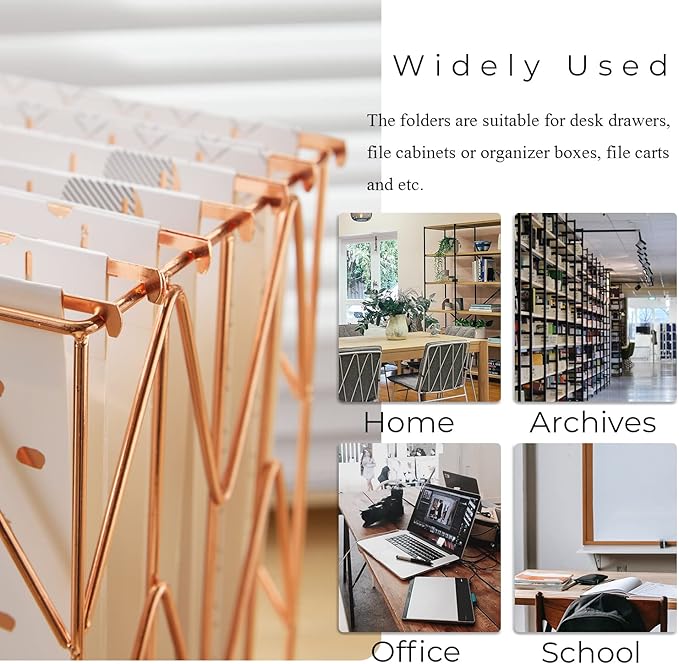 Y YOMA 12 Pack Rose Gold Hanging File Folders Letter Size Decorative File Folder Cute Pretty Hanging Folder Organizer for Filing Cabinet Office Home with 1/5-Cut Adjustable Tabs, 3 Gold Foil Design