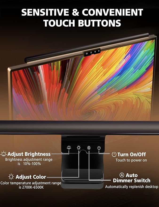 Monitor Light Bar for Computer with Auto Dimming, Memory Function and Stepless Dimmable Brightness & Color Temperature, 19" Monitor Lamp for Home Office, Ra97 Touch Control Desk Lamp