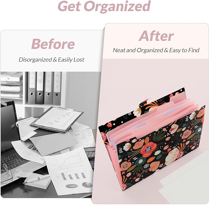 SKYDUE Expanding File Folder with 5 Pockets, Floral Accordion File Organizer for Important Document，Portable Receipt Paper Organizer，School Office Supplies Black