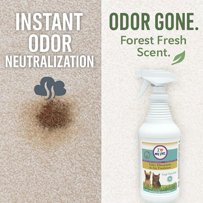 I Love My Pet Odor Eliminator Spray and Air Freshener for Strong Pet Odors – Neutralizes Dog and Cat Urine on Fabrics, Carpets, Pet Beds – 32 oz, Forest Fresh