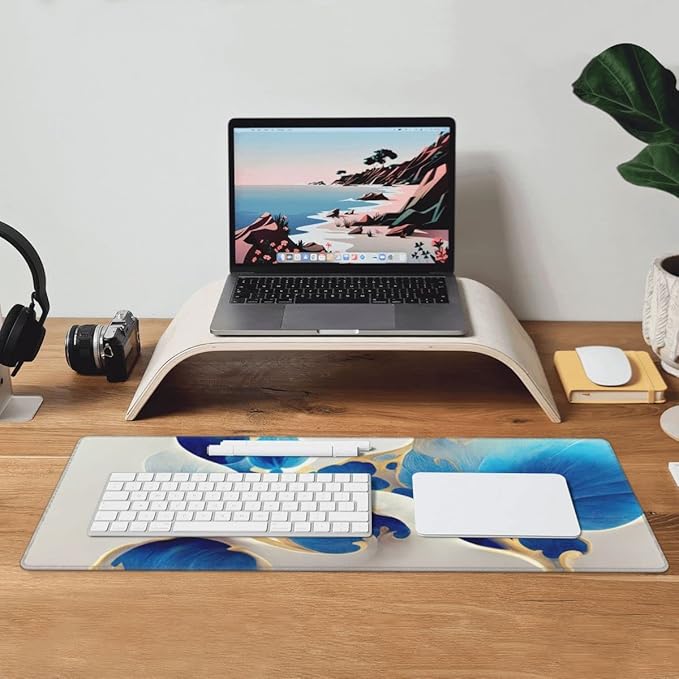 Desk Pad,Office Desk Mat 31.5"×11.8" Large Gaming Mouse Pad,Extended Computer Mouse Pad,Waterproof Thick Big Mouse Pads with Non-Slip Rubber Base Office Home Blue White Marble Flower
