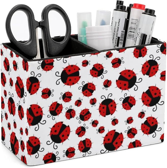 Pen Holder, Pencil Holder for Desk Organizer, Summer Red Ladybugs PU Leather Pencil Cups Desktop Stationery Storage Makeup Brush Holder Pen Organizer for Office Home