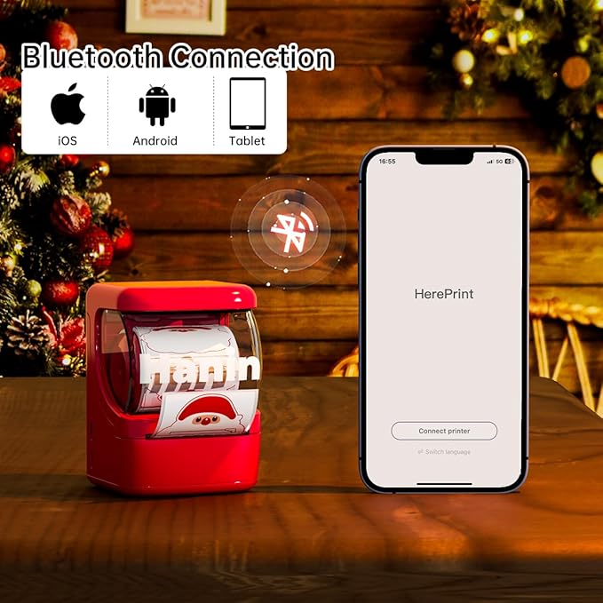 NEW1 Label Printer +4 Rolls Labels, 2 Inch Portable Inkless Bluetooth Label Maker for Small Business, Home, School, Automatic Label Recognition, Sticker Printer for Address Logo Barcode Clothing（Red）
