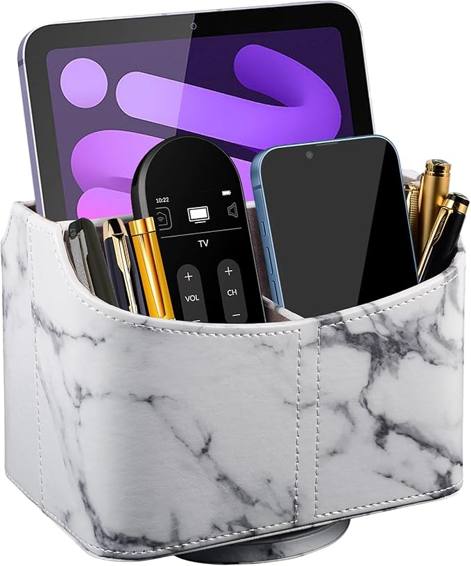 PU Leather Remote Control Holder 360 Degree Rotating Desk Organizer/Caddy Storage Box for Remote Controllers,TV Guide, Mail, Electronics,Pen,Stationery and Media Storage white