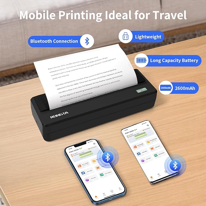Rongta Inkless Portable Printer for Travel, 300Dpi Wireless Bluetooth Thermal Printer, Compatible with Android/iOS & Laptop,Support 8.5" X 11" US Letter&A4 Thermal Paper Roll (Black)