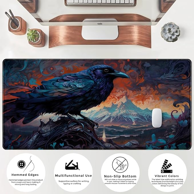Magic Crow Desk Mat Gaming Misty Fores Mouse Pad Playmat, Large Gaming Mousepad Keyboard Desk Extended Mouse Pads Game Decor with Stitched Eges Non-Slip Base Tabletop for MTG 31.5" x 15.7"