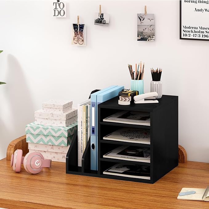 Wood Desk Organizer File Holder, Wooden Mail Organizer Countertop with Adjustable Compartments, Desktop File Organizer Paper Sorter for Home, Office and School, Envelope Organizer, Black