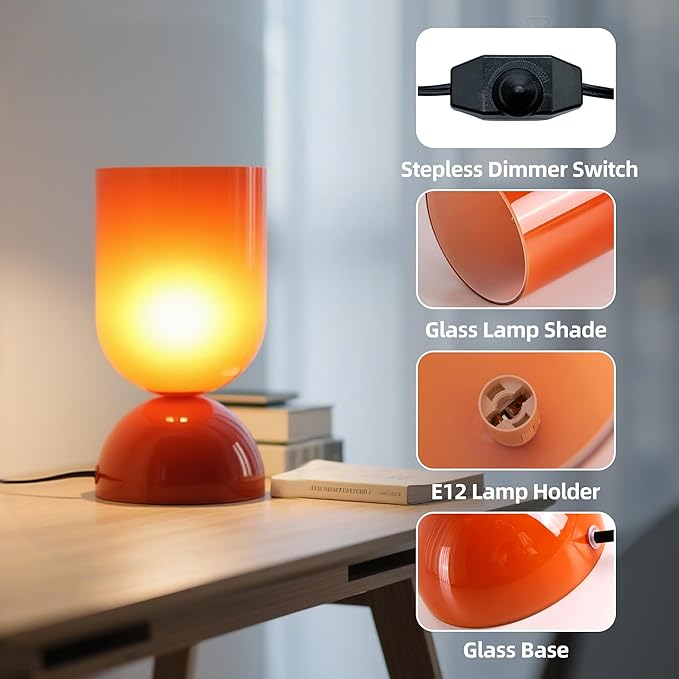 8.9" Modern Glass Table Lamp for Living Room, Dimmable Desk Lamps for Bedroom, UL Listed Nightstand Lamp with Dome Base, End Table Lamps for Kids Room, Side Tables, College Dorm, Office, Glossy Orange