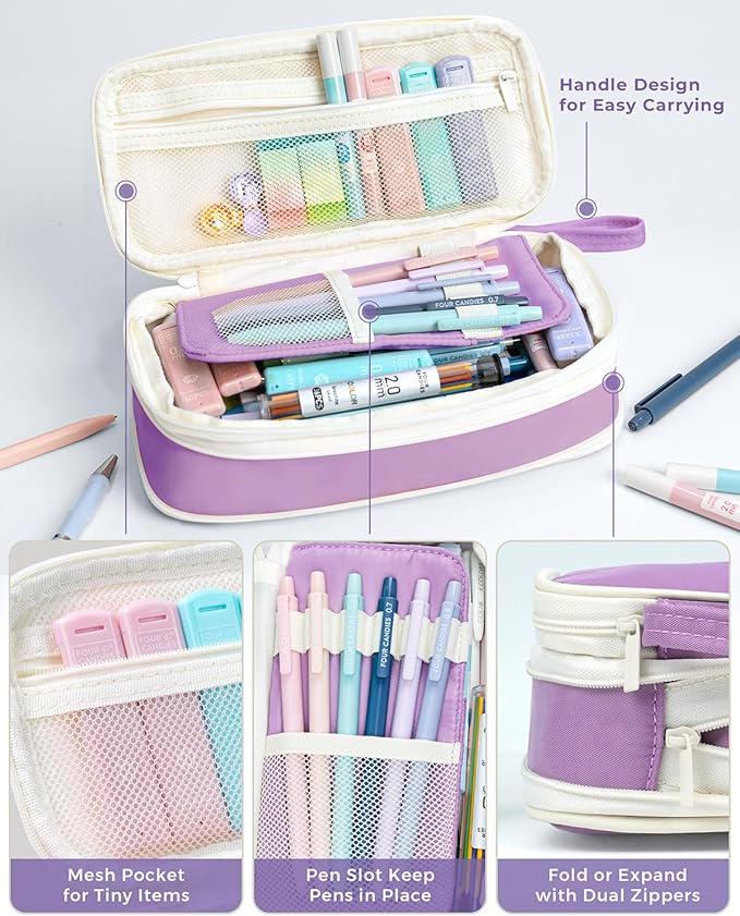 Four Candies 36PCS Aesthetic School Supplies, Mechanical Pencil Set 0.5mm, 0.7mm, 0.9mm & 2.0mm with 624 Lead Refills, Back to School Supplies for Writing & Drawing, Ideal Stationary Set Gift (Purple)