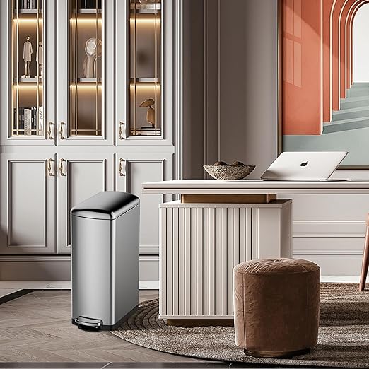 30 L Kitchen Step Trash Can, 8 Gallon Narrow Stainless Steel Waste Bin with Soft-Close Lid, Rectangle Rubbish Bin with Removable Inner Bucket for Bathroom, Dining Room, Living Room