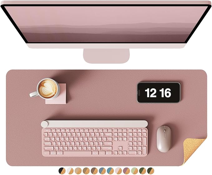 YSAGi Double-Sided Desk Pad, 23.6"x13.7" Leather Desk Mat, Eco Cork Desk Pad Protector, Large Mouse Pad for Desk, Waterproof Desk Blotter Pad, Desk Writing Pad for Office Work/Home(Pale Mauve/Cork)