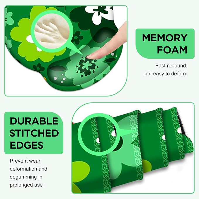 AIMSA Keyboard Mouse Pad Wrist Rest Set, Large Gaming Mouse Desk Pad with Wrist Support Ergonomic Design, 4 in 1 Mousepad for Home Office, Green Flowers