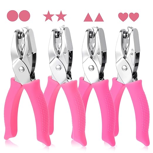 4 PCS 1/4" Hole Punchers for Crafts, Single Hole Punch Shapes with Circle Heart Star Triangle, with Soft-Handled for Binder Scrapbooking Classroom Card Punching Reinforcement Stickers