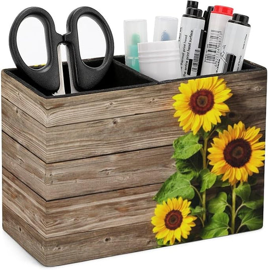 Pen Holder, Pencil Holder for Desk Organizer, Summer Wooden Sunflower PU Leather Pencil Cups Desktop Stationery Storage Makeup Brush Holder Pen Organizer for Office Home