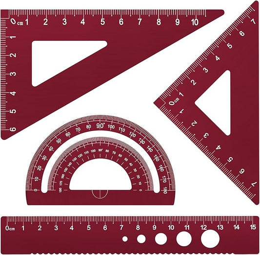 Honagu Triangular Ruler Set, 4 Pieces Aluminum Alloy Ruler, Metal Drafting Ruler, Geometric Protractor for Students, Draftsmen, Engineers, School Office Supplies (Rose Red)