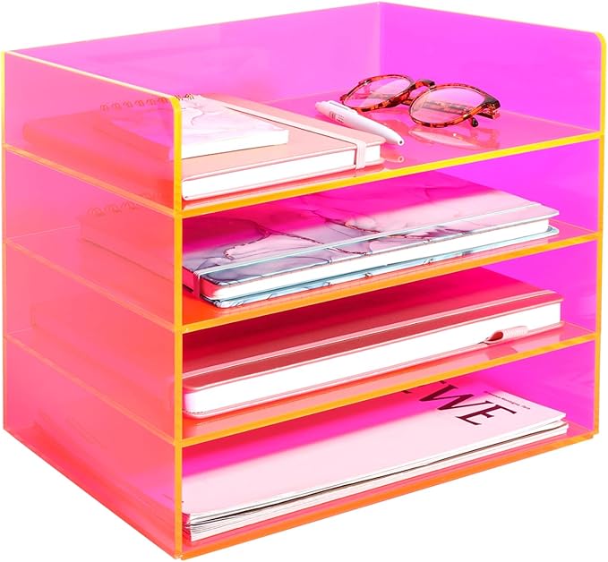 Gelite Acrylic File Organizer for Desk 4 Tiered Stackable Letter Tray Office Paper Storage Desktop Document Sorter, Neon Pink