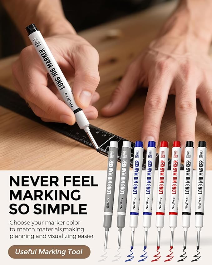 Nicpro 8 PCS Long Nib Marker Pens, 20mm Deep Hole Marker, Quick Dry & Waterproof Construction Markers, Long Head Markers for Metal, Steel, Tile, Glass, Carpenter Marking Pen for Woodworking (4 Colors)