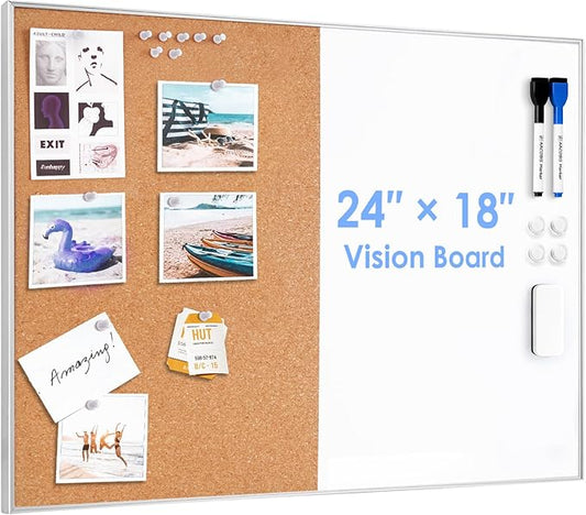 ARCOBIS Cork Board White Board Combo, 24 x 18 Inch Bulletin Board, Magnetic Dry Erase Board & Corkboard for Wall, Vision Board for Home, Office, School, Silver Frame