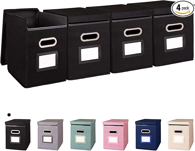 4 Pack Hanging File Folders Organizer with Lid, Letter Size Fabric File Storage Box Collapsible, Portable Office Document Holder with Metal Handle, Smooth PVC Rails, Black