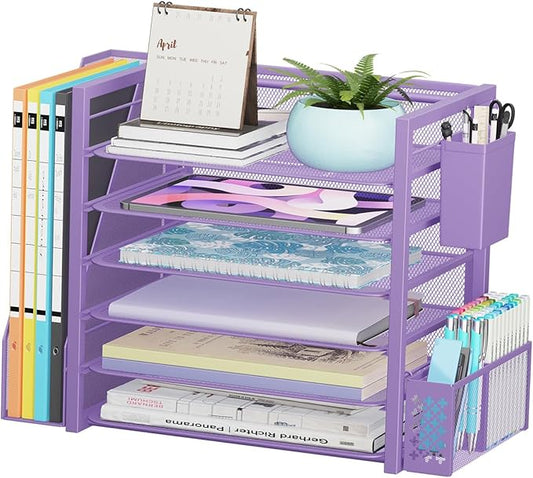Simple Trending 6 Tier Desk File Organizer, Paper Letter Tray Organizer with File Holder and Pen Container, Purple